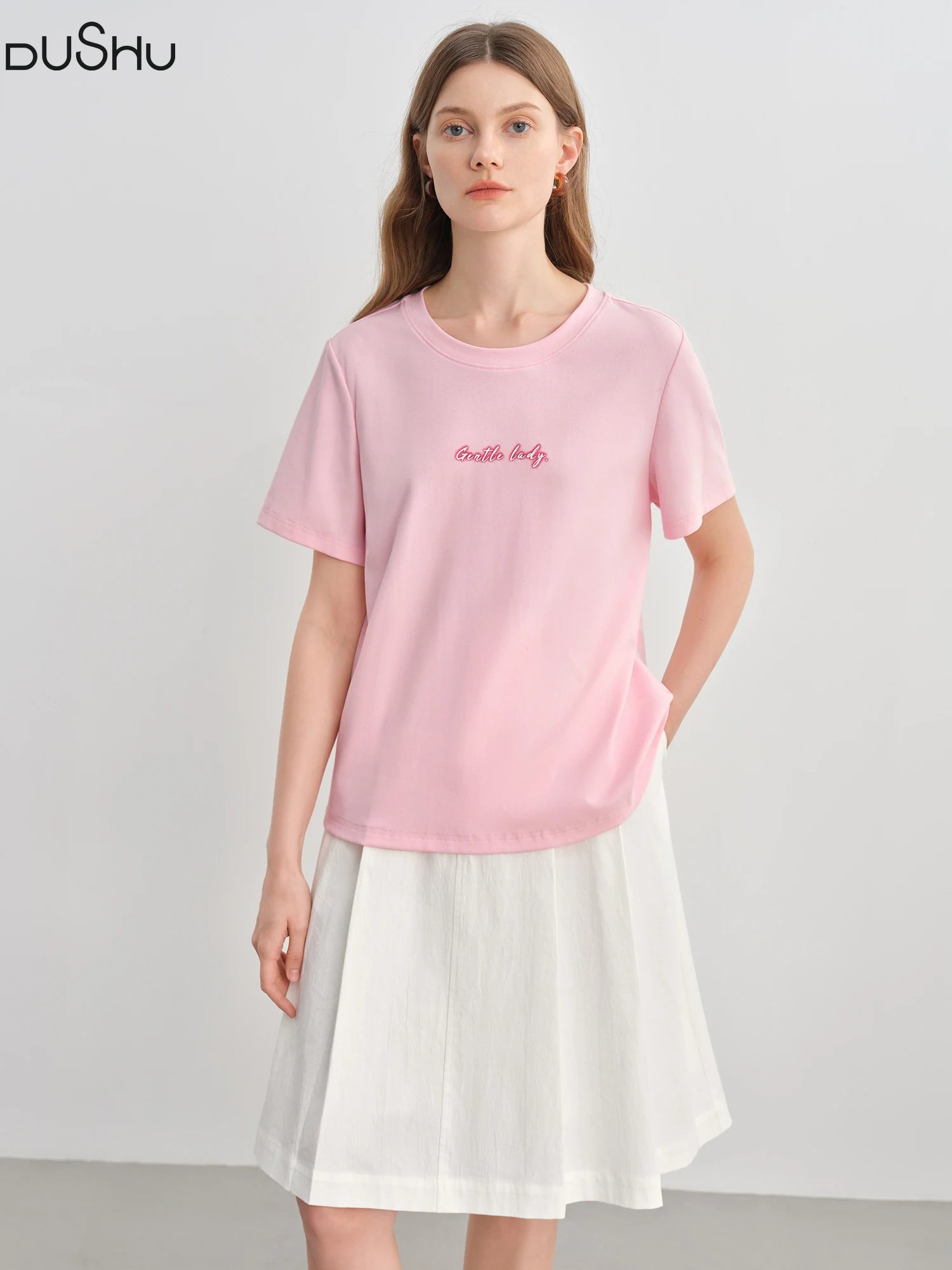 DUSHU Plus-Size Women O-Neck Top Summer Essentials Contrast Letter Print High-Elasticity Slimming Proper Shoulder Tees 25DS82622