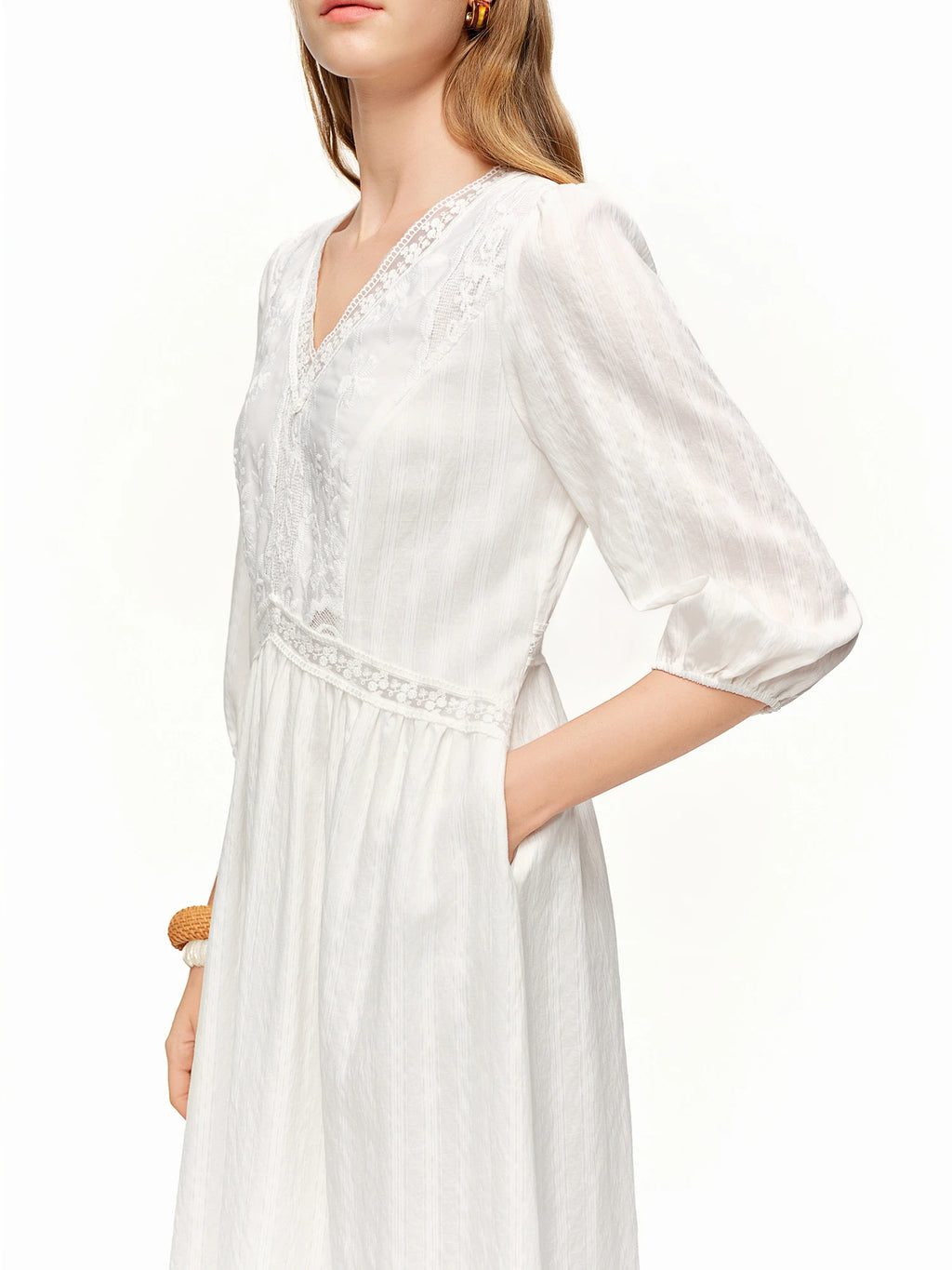 DUSHU 2026 Spring Women's Lace Panel V-Neck A-Line Dress - Flattering Slim Fit Office Commute Mid-Length Elegant Dress