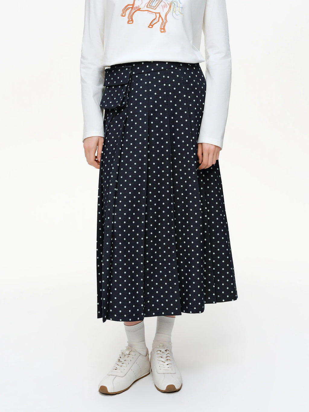DUSHU 2026 Spring New Women's Polka Dot Midi Skirt Retro Black White Flared Pleated Skirt Vintage Waist Tie A-Line Party Skirt