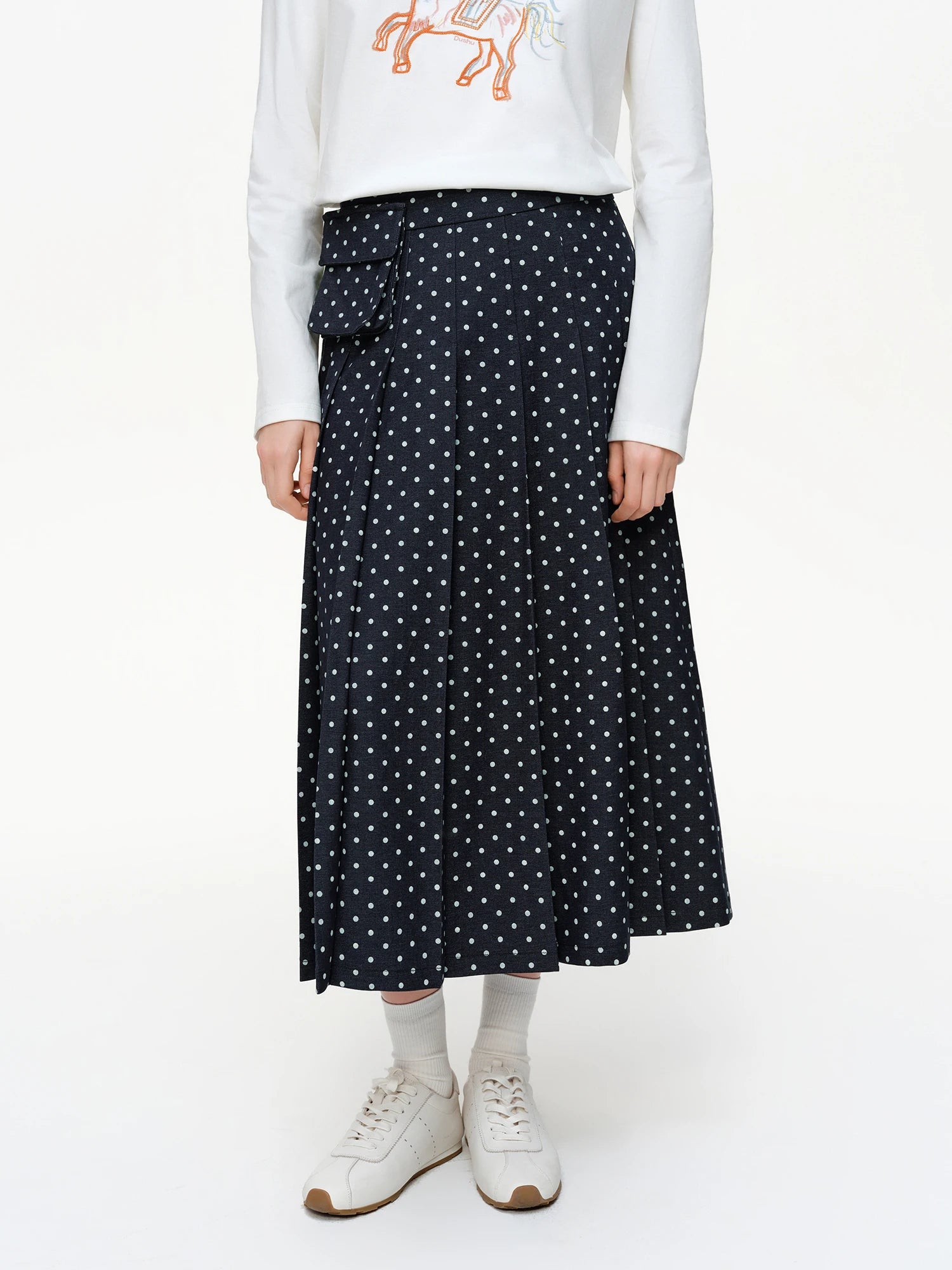 DUSHU 2026 Spring New Women's Polka Dot Midi Skirt Retro Black White Flared Pleated Skirt Vintage Waist Tie A-Line Party Skirt