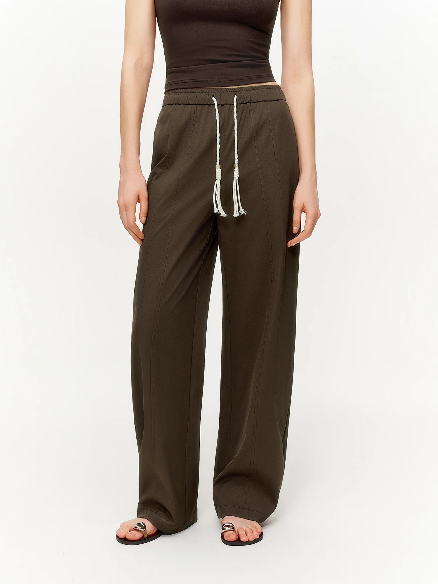 DUSHU 2026 Spring Women's Tie-Waist Bootcut Pants, Elastic High Waist Flared Casual Trousers, Y2K Retro Loose Fit Lounge Pants