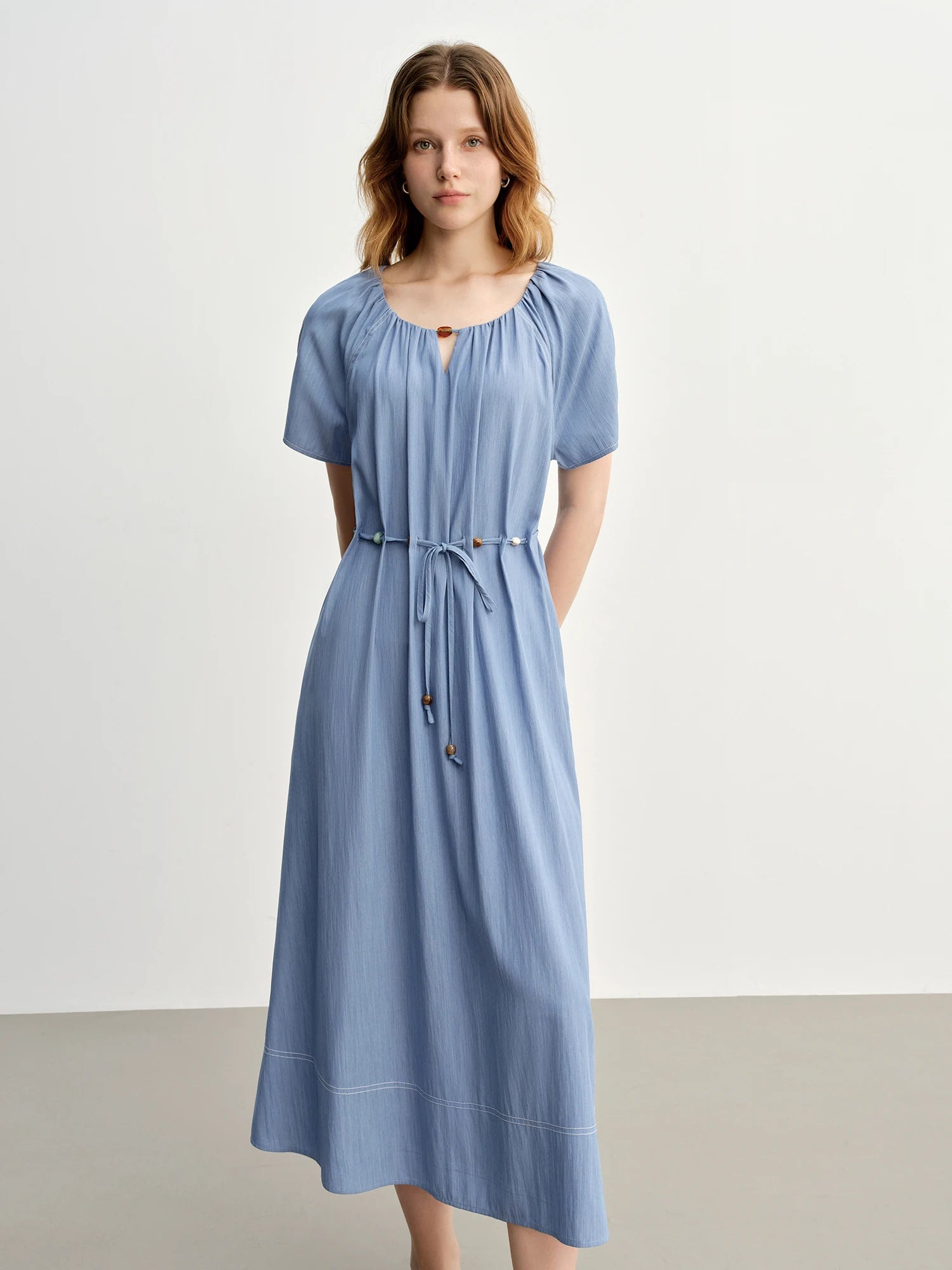 DUSHU Summer 2025 Textured Pleat Dress - Fluid Bead Adjustable Tie Maxi Resort to Office Elegant Silhouette