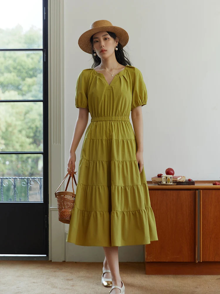 DUSHU Solid Women V-Neck Summer Long Dress Stepped Pleated Skirt Heavy Industrial Slimming Dress French Casual Female Dresses