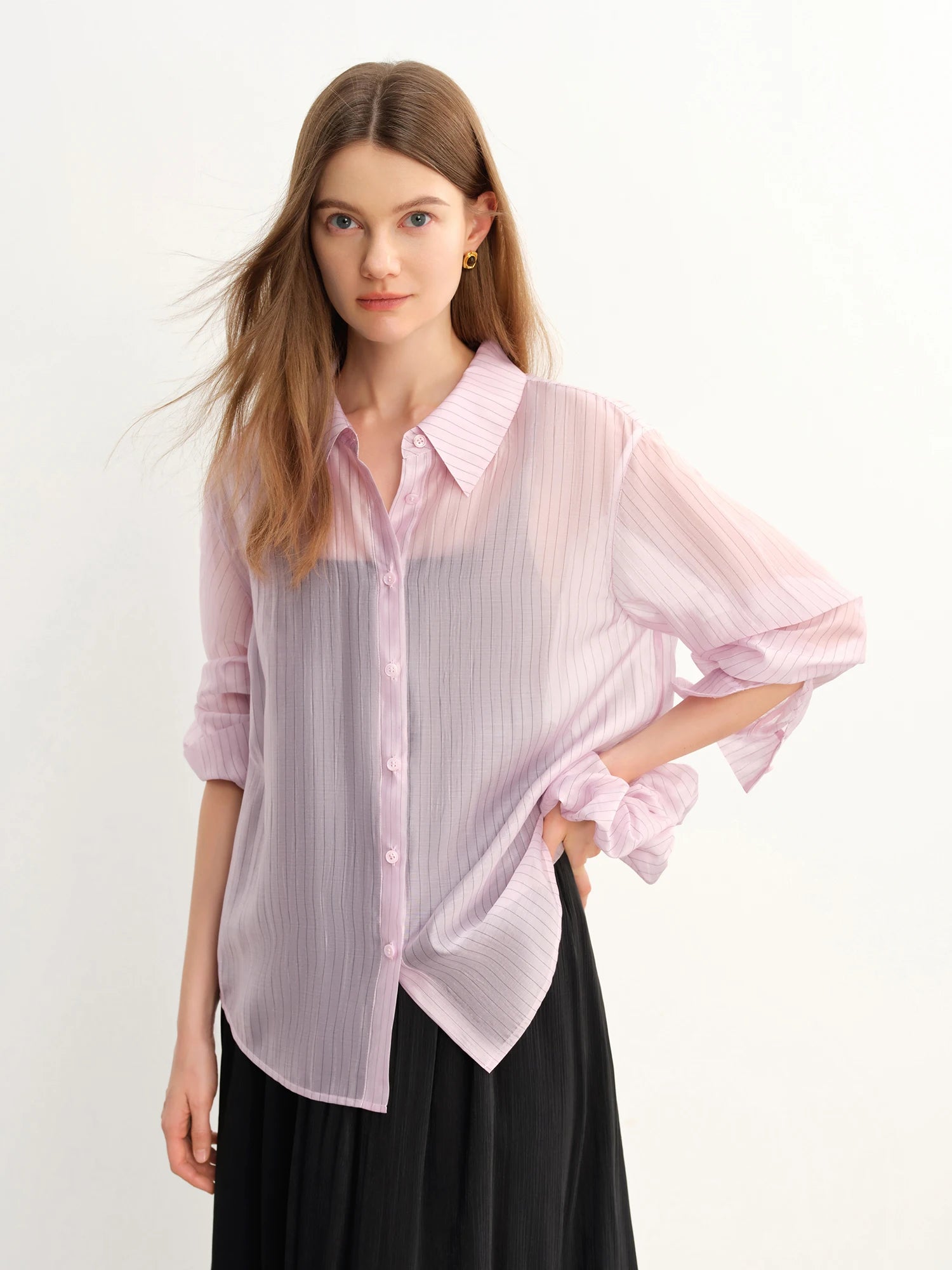 DUSHU Plus Size Striped Perspective Long-sleeved Shirt For Women 2025 Summer New Arrival Fresh Chic Tops for Women 25DS82832