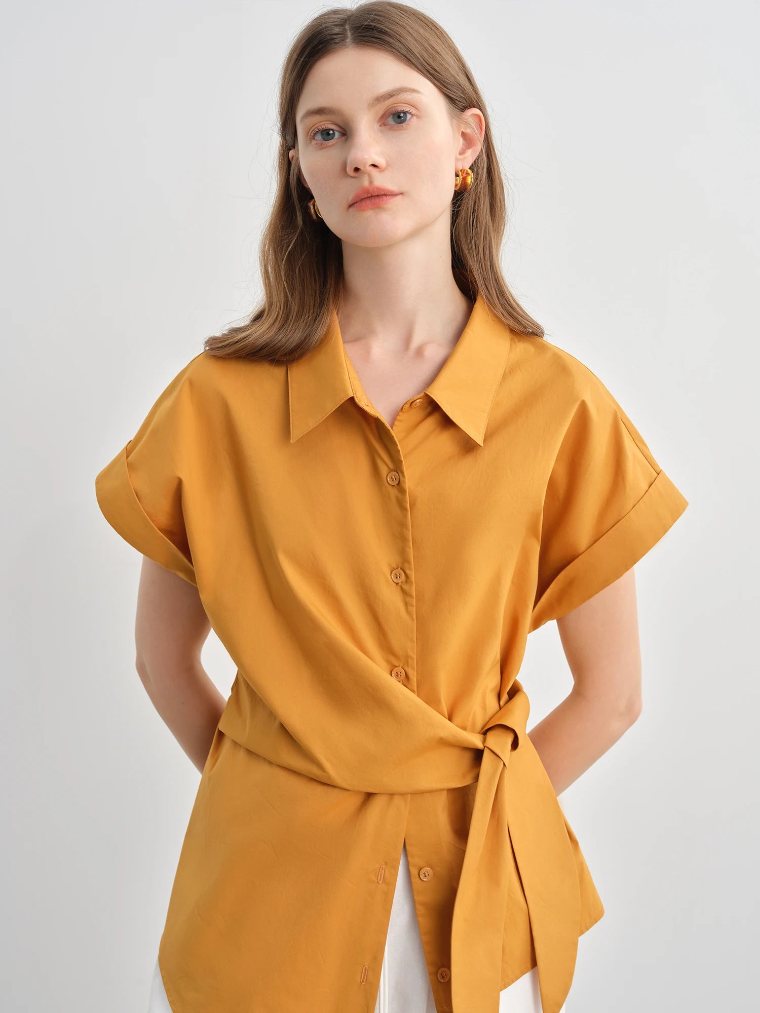 DUSHU Plus-Size Women's Laid-Back Buckle Short Sleeve Blouse - Summer Turned-Up Collar Fitted Waist Slimming Shirts 25DS82750