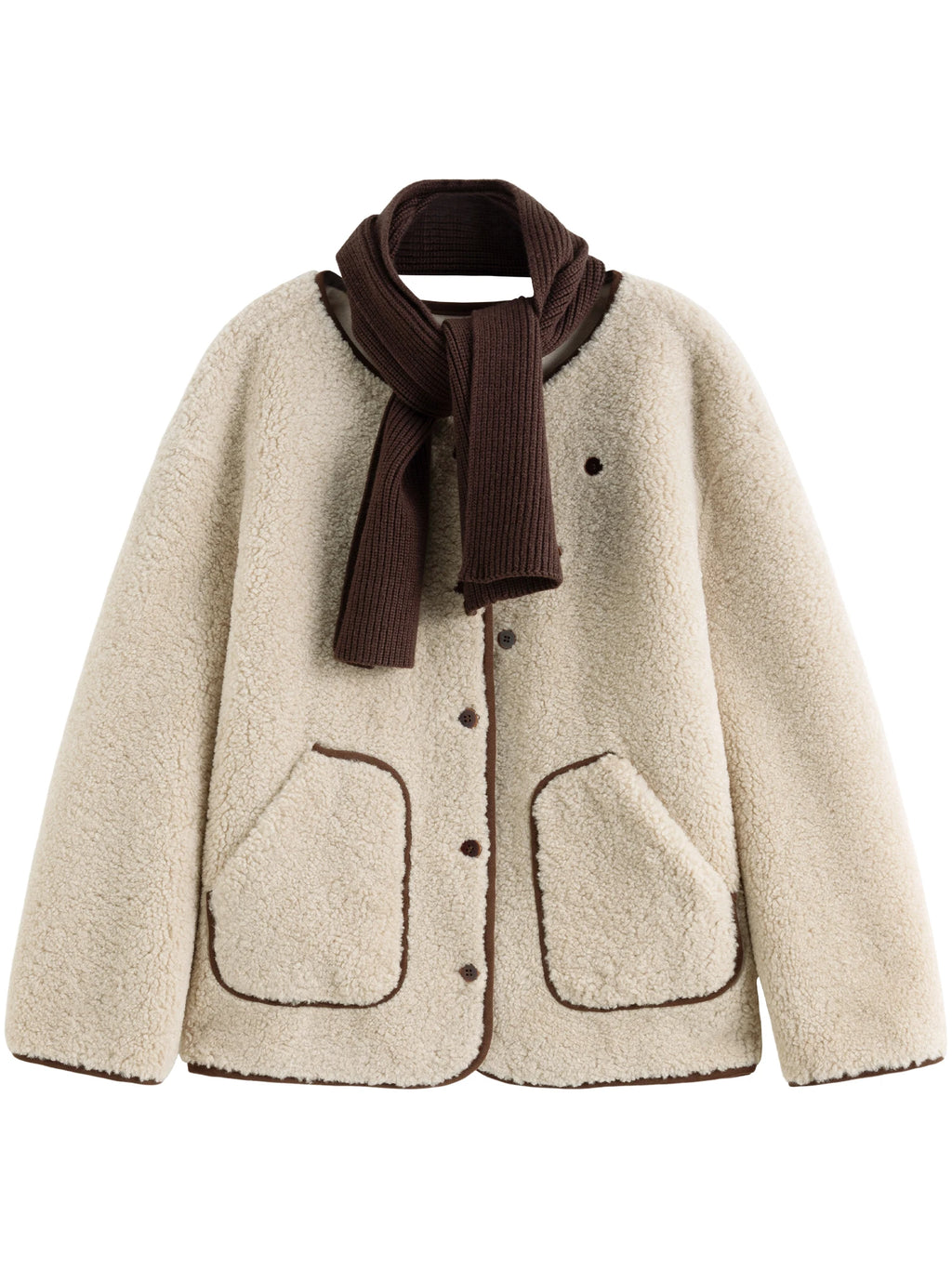 DUSHU Women Winter Coat With Scarf Faux Lambskin Coats Round Neck Drop Sleeve Casual Dark Red Jackets 24DS84648