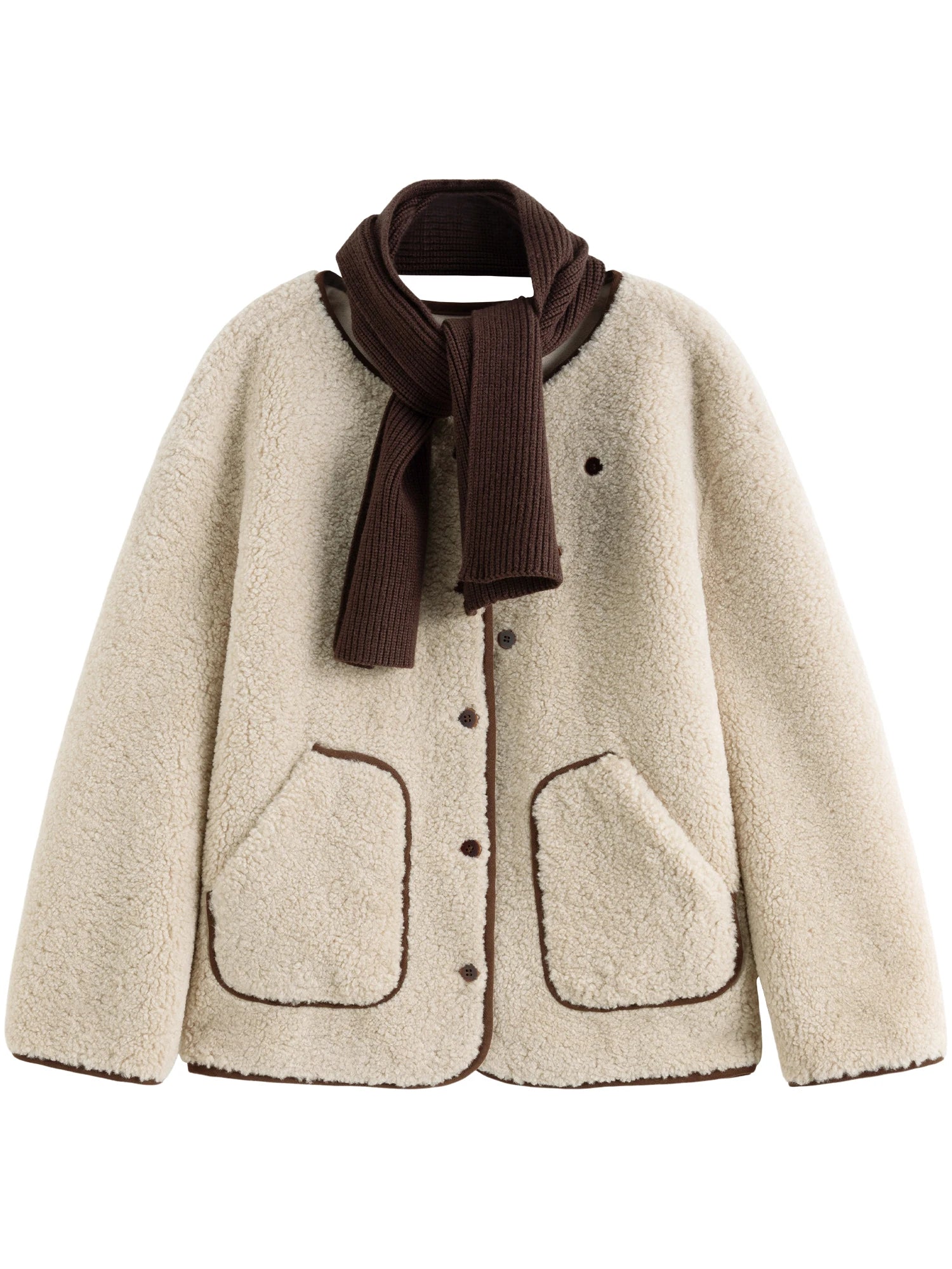 DUSHU Women Winter Coat With Scarf Faux Lambskin Coats Round Neck Drop Sleeve Casual Dark Red Jackets 24DS84648