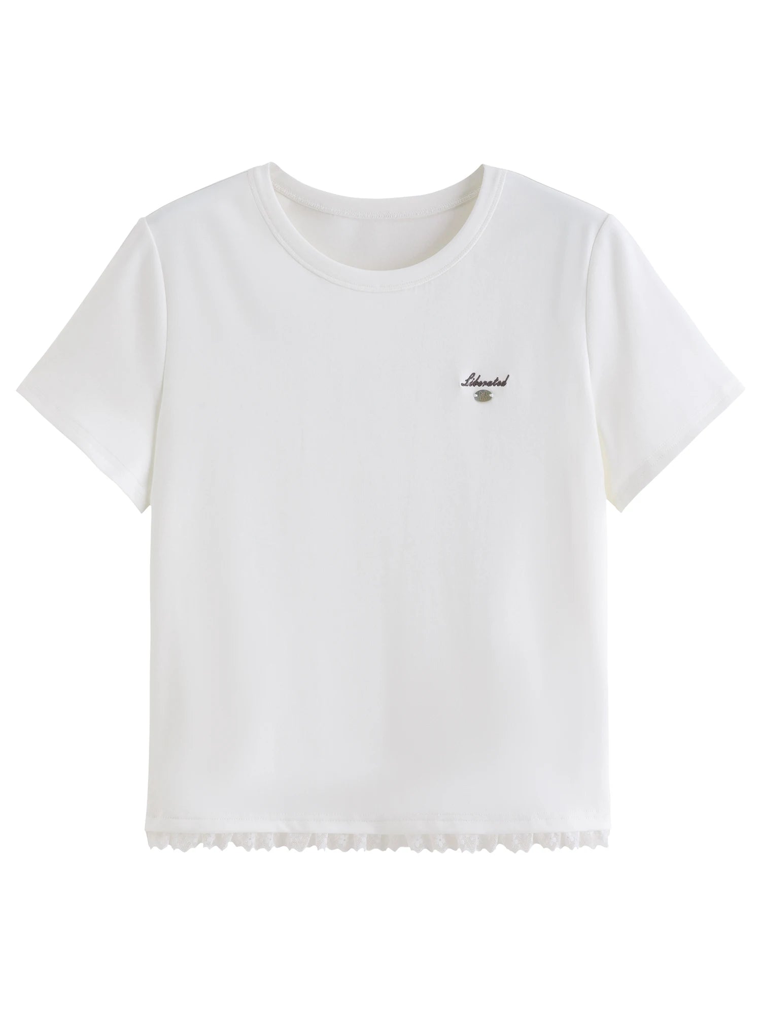 DUSHU Short-sleeved Slim-fit T-shirt New Summer 2026 Style Simple and Slimming Round Neck Top Basics Lace Design Ins Soft
