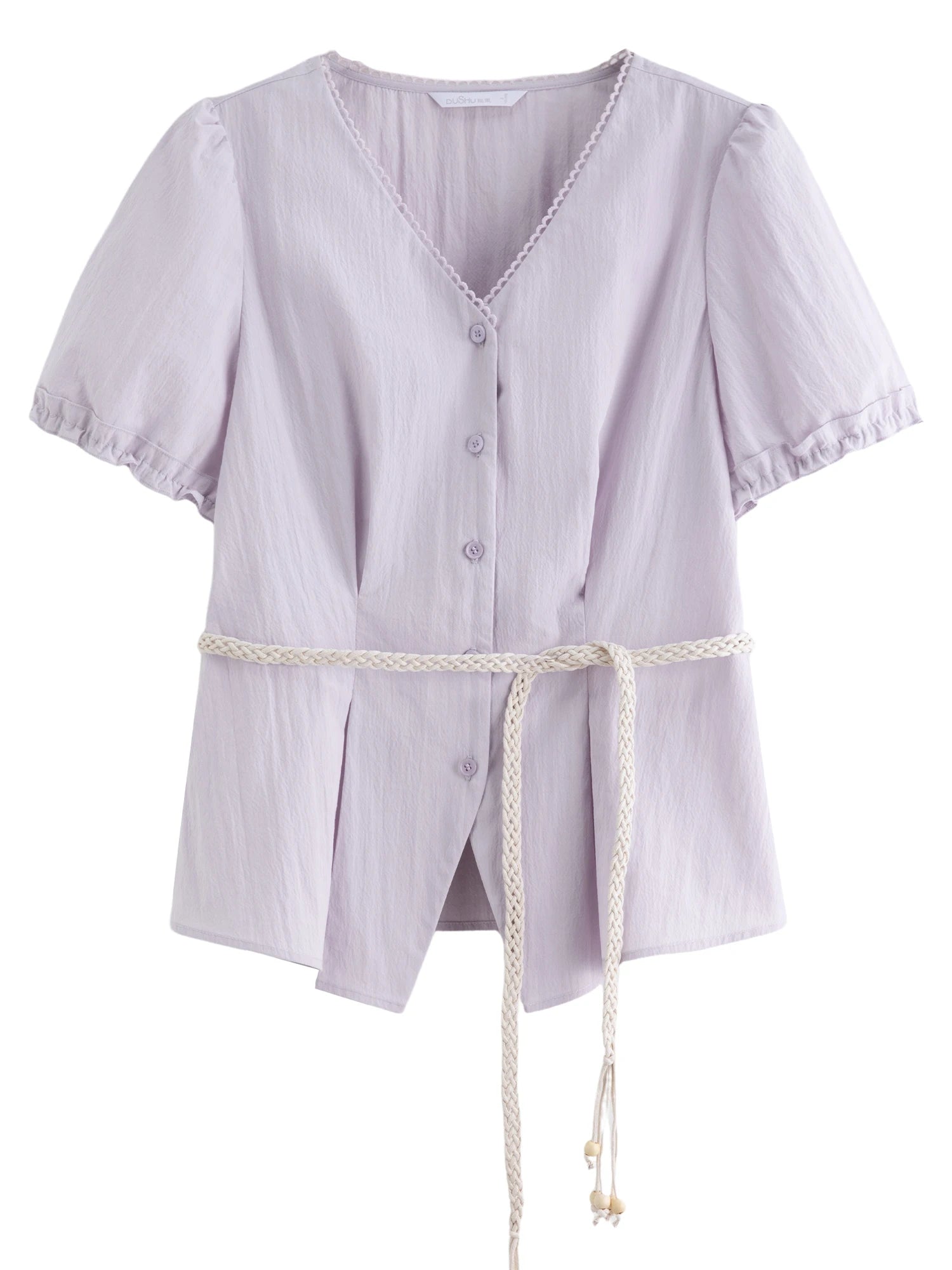 DUSHU Summer 2025 Women's V-Neck Blouse - Textured Pleats Accented Waist Relaxed Fit Resort Top