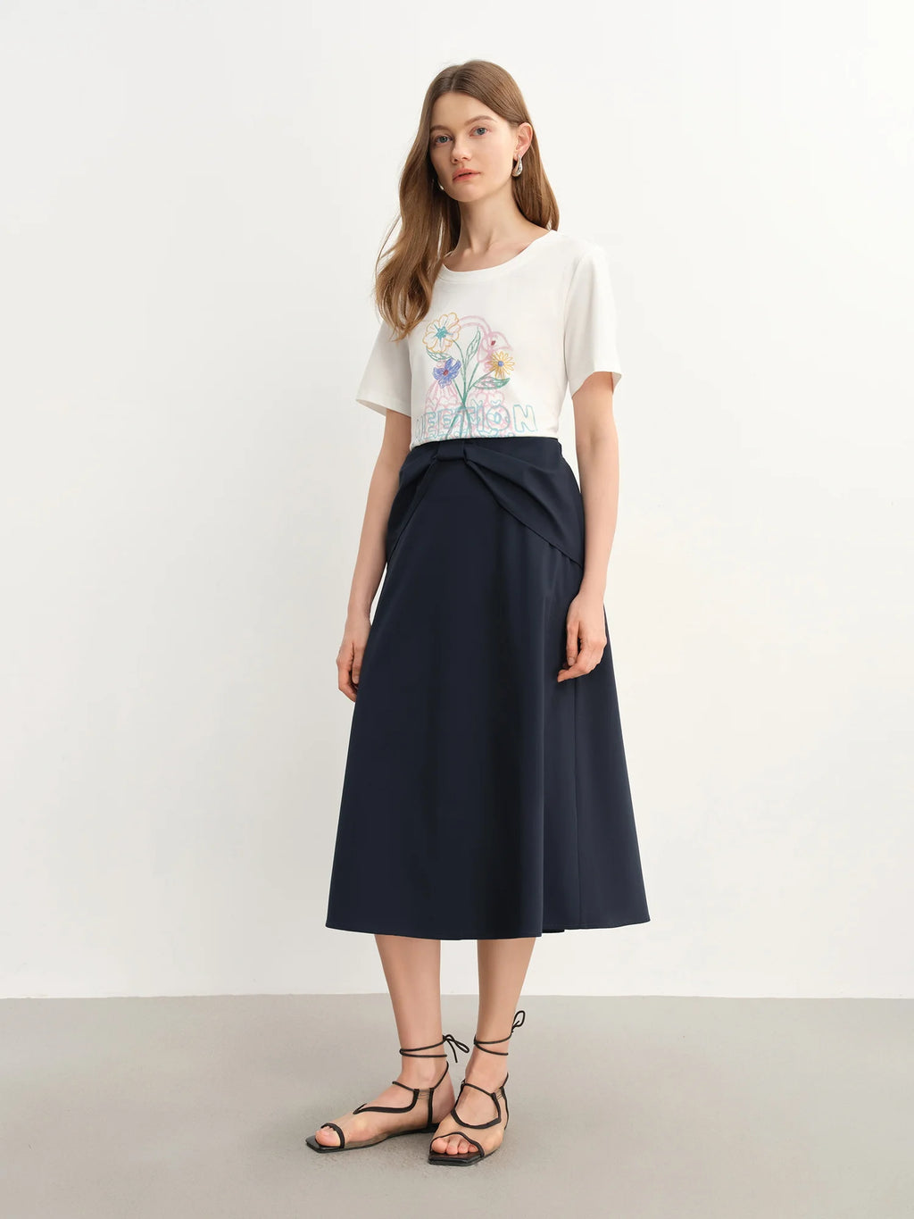 DUSHU Plus-Size Women's High-Waisted Slimming A-Line Long Skirt with Stylish Bow Design - 2025 Summer New skirts 25DS82468
