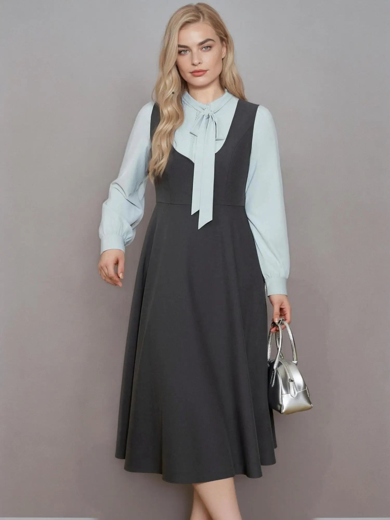 DUSHU Plus Size Office Lady Women's Large U-neck Vest Dress A-line Silhouette 2025 Spring Grey Dress 25DS81096