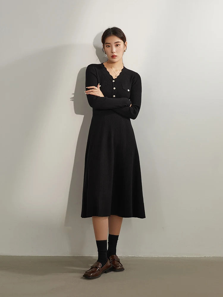 DUSHU Elegant Temperament Knitted Dress Women Autumn Winter 2022 New Base Skirt Office Lady V-neck Bottoming Long Dress Female