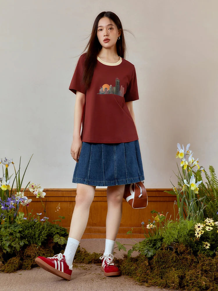 DUSHU Retro American Style Pleated Split High Waist Denim Skirt for Women Summer New Design A-Line Umbrella Skirt Female