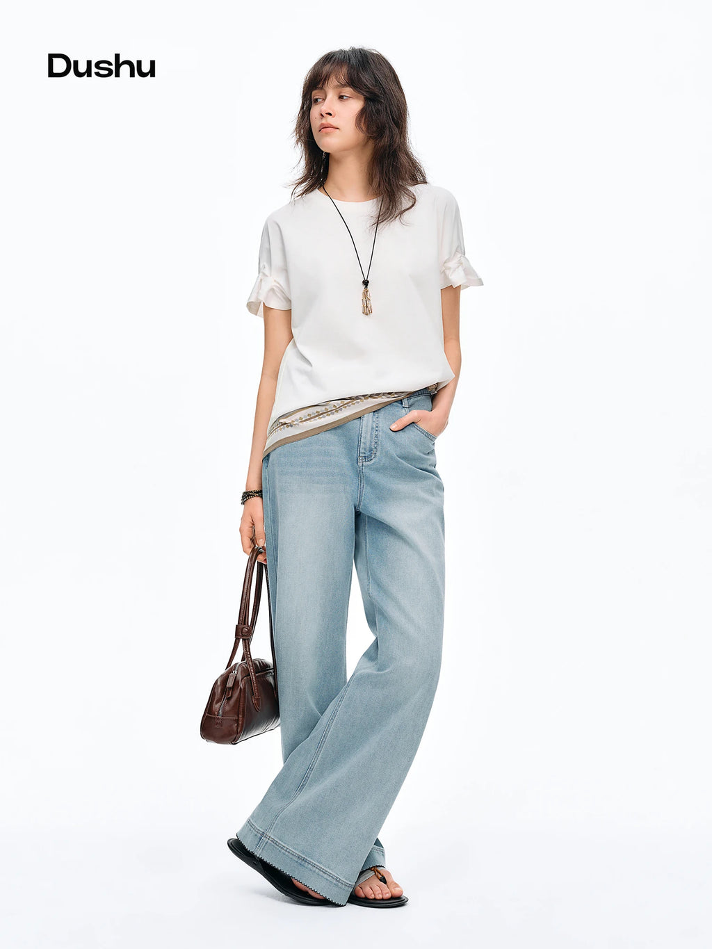 DUSHU 2026 Summer Women's Tuck Detail Cotton T-Shirt - Casual Comfort Fit Top for Daily Wear and Summer Outings