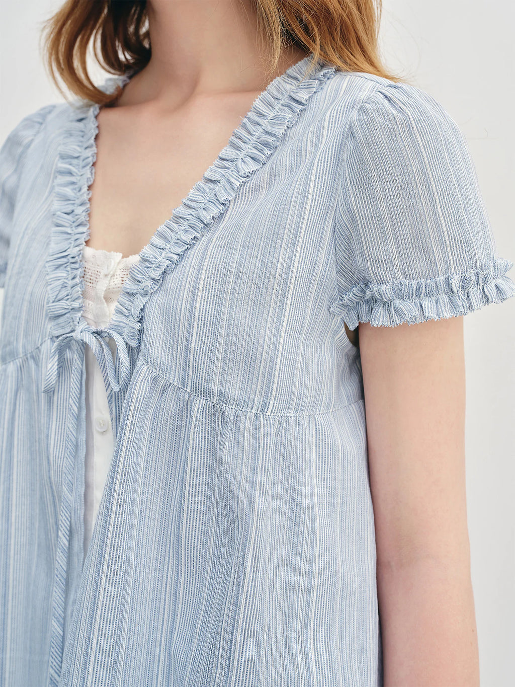 DUSHU Ruffled Fake Two-piece Shirt 2025 Summer New Striped Blue Top Shirt 25DS88015