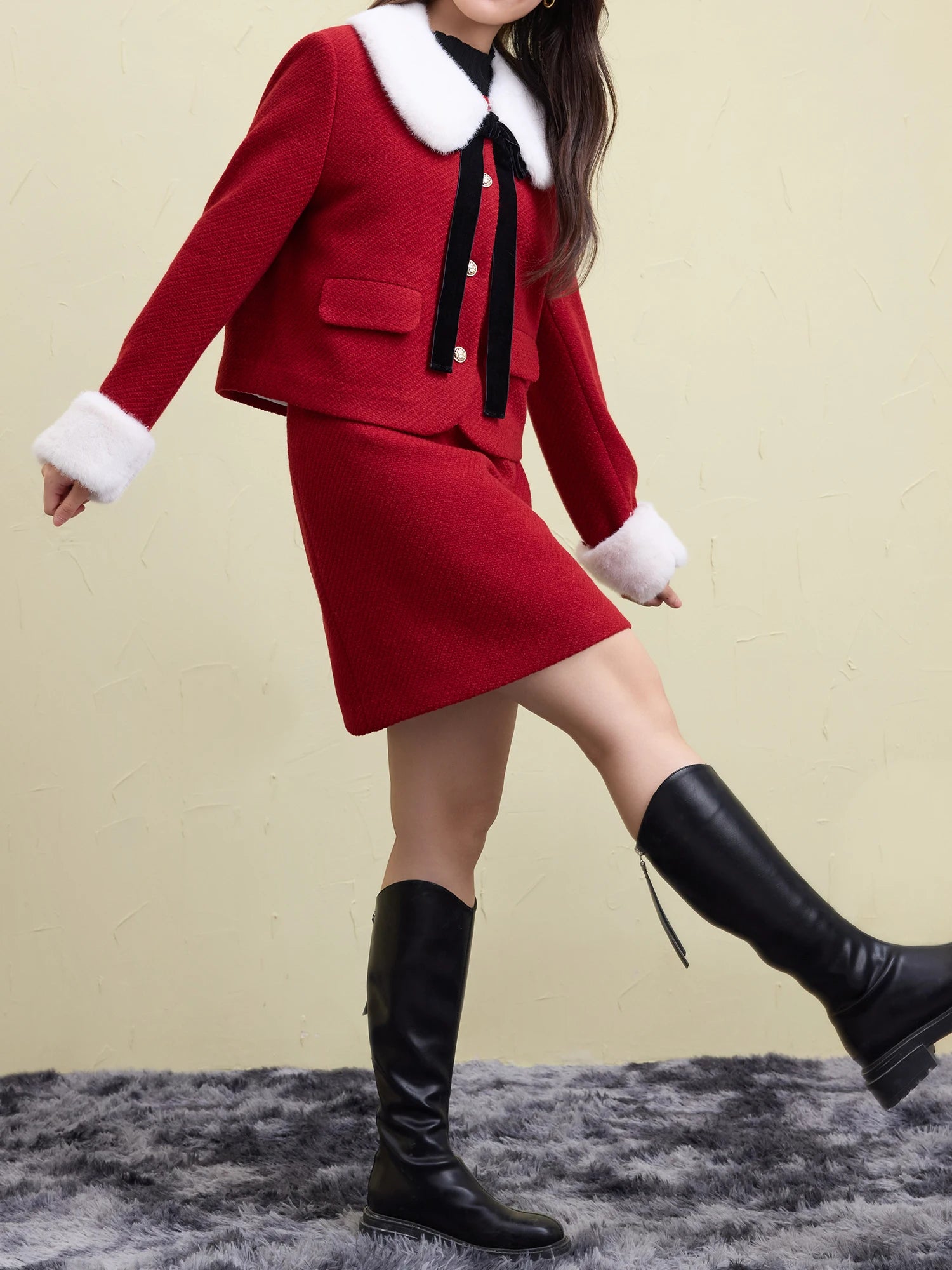 DUSHU 25.7% Wool Red Detachable Collar Elegant Style Suit 2024 Winter New Design Style Christmas Skirt Two-piece Set Red Jacket