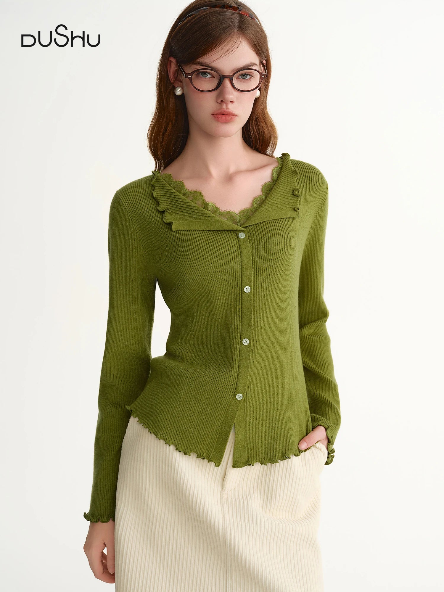 DUSHU【Lovely Christmas】2025 Plus Size Lace Trim Stand Collar Ribbed Knit Sweater Slimming Baselayer Turtleneck Elegant Blouse