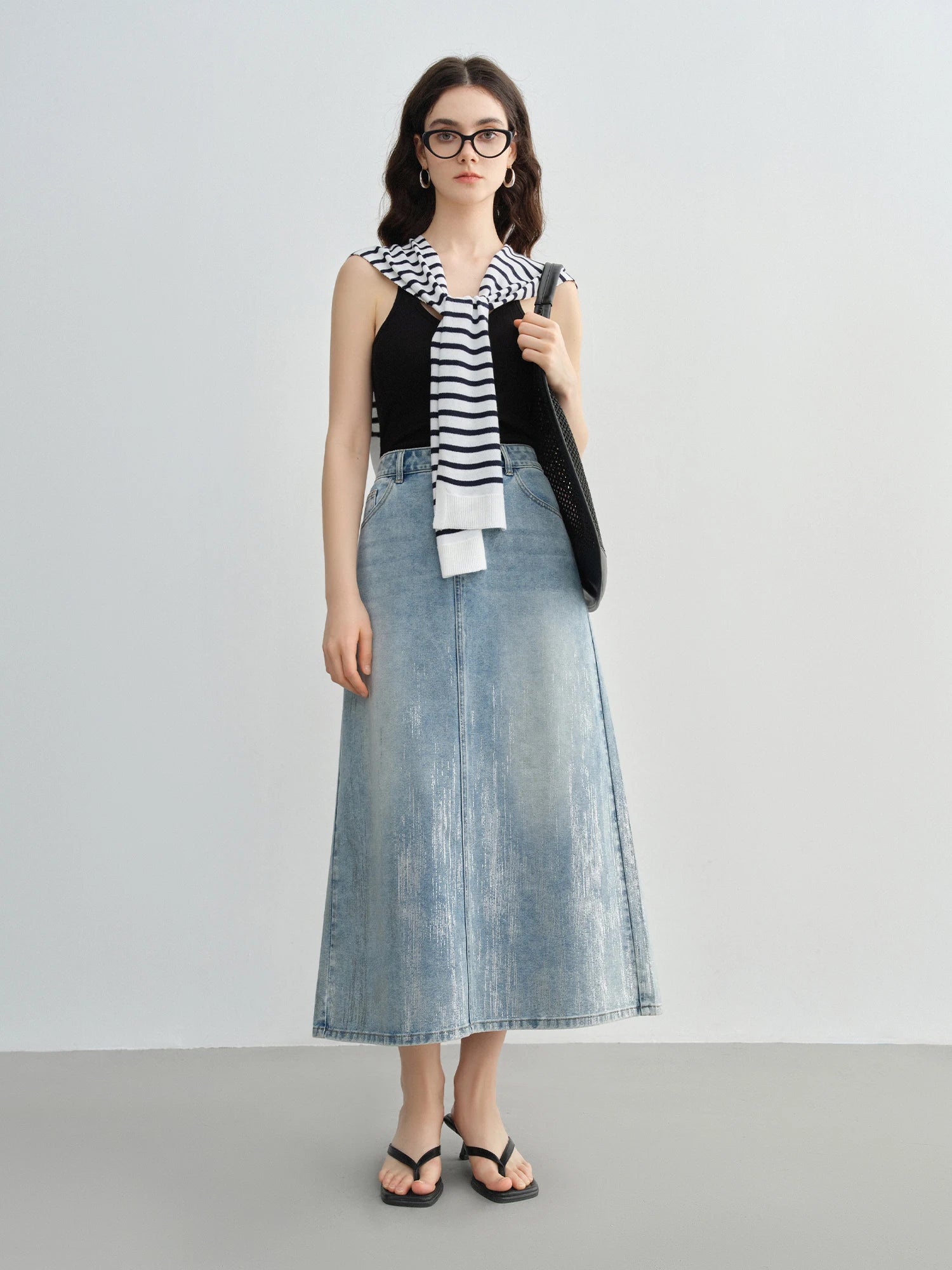DUSHU Size Inclusive Womens Fashion Silver Pressed Denim Skirt for Summer 2025 High Waist Slimming Mid Length 25DS82068