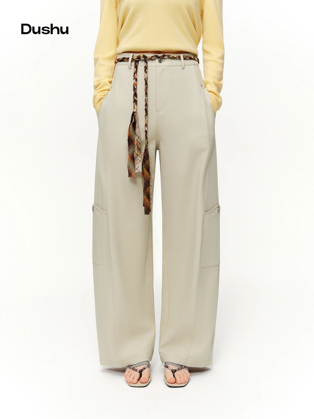 DUSHU Linen Retro Jacquard Casual Workwear Wide-leg Pants Women Drawstring 2026 Spring New Arrivals Fashionable Commuter Pants