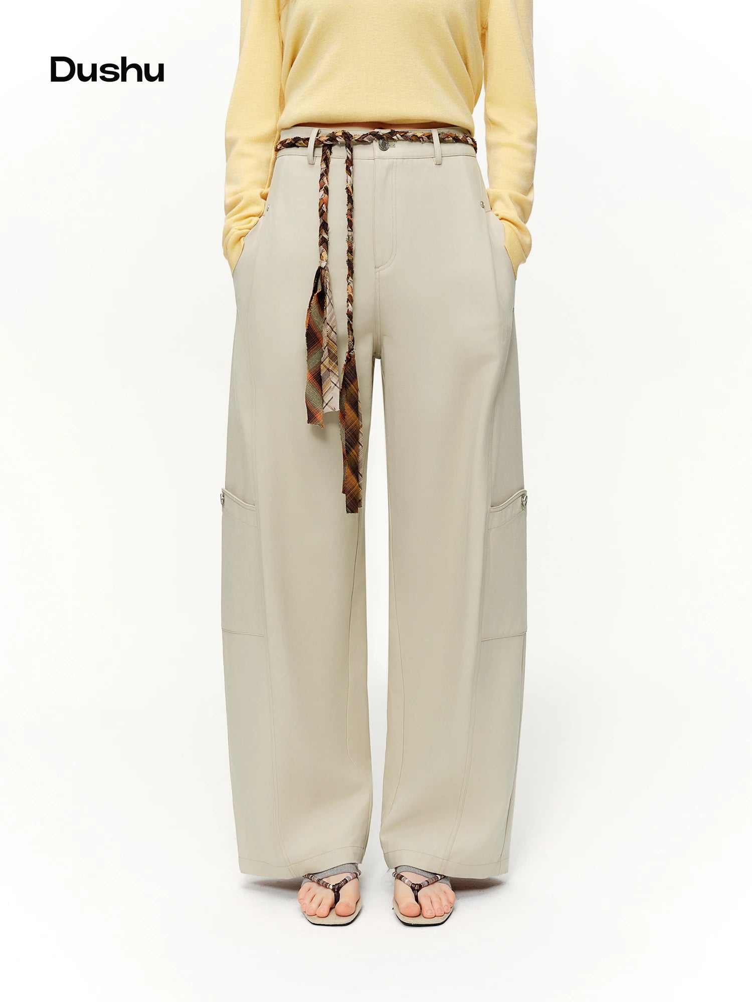 DUSHU Linen Retro Jacquard Casual Workwear Wide-leg Pants Women Drawstring 2026 Spring New Arrivals Fashionable Commuter Pants