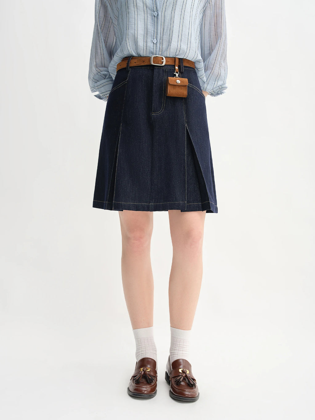 DUSHU Women's High Waist A-line Denim Skirt 2025 Autumn New Arrival Style Contrast Color Retro Denim Skirt No Belt 25DS83098