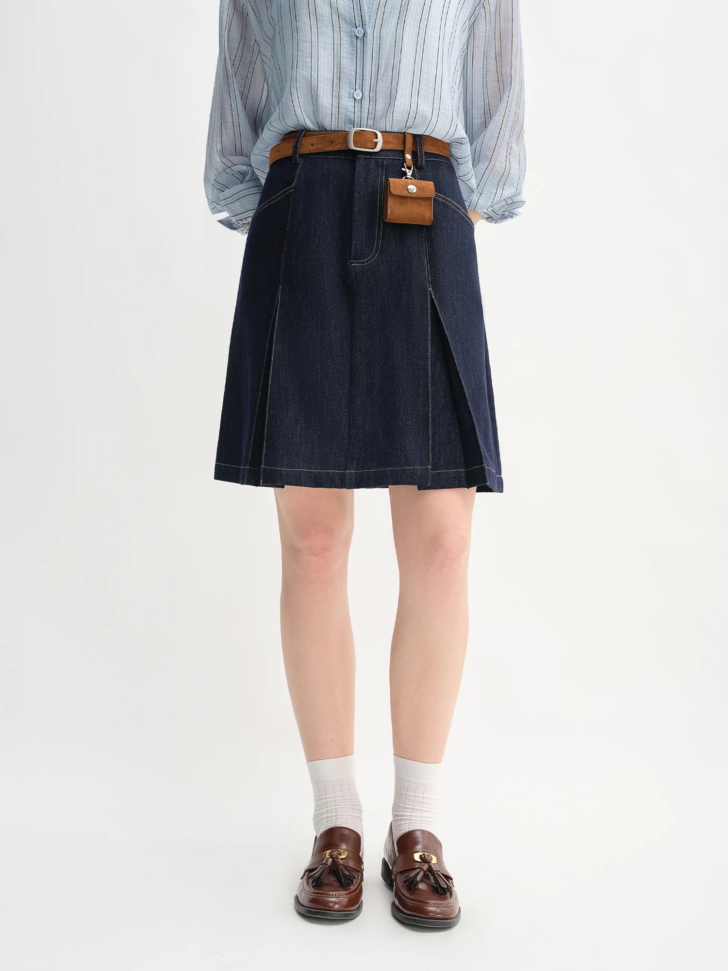 DUSHU Women's High Waist A-line Denim Skirt 2025 Autumn New Arrival Style Contrast Color Retro Denim Skirt No Belt 25DS83098