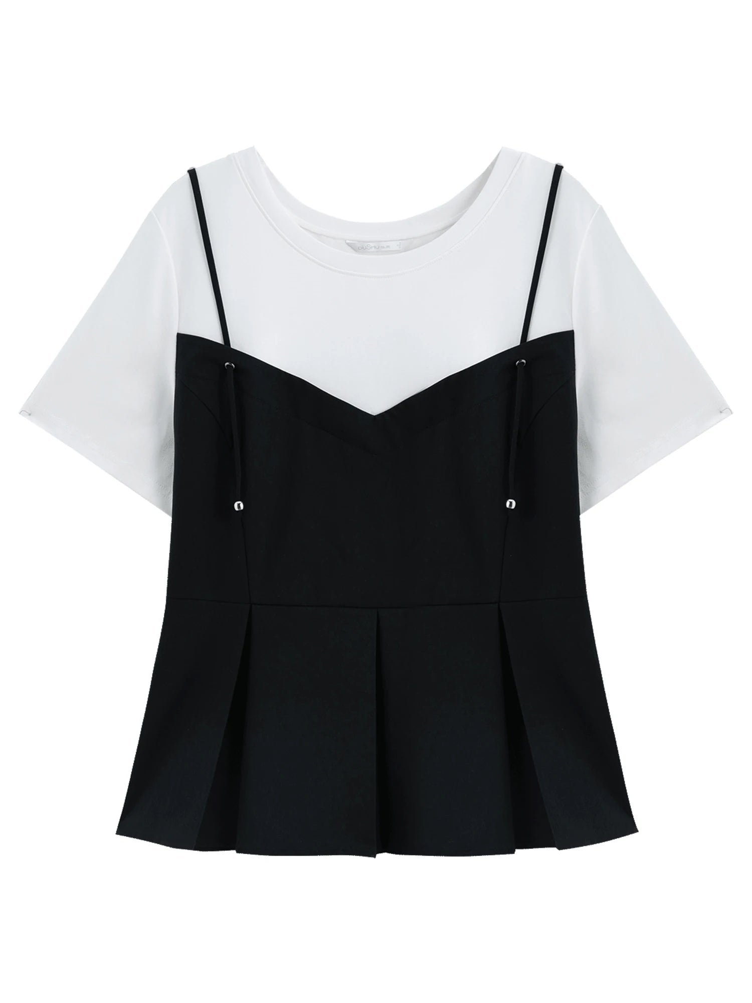 DUSHU Fake Two-piece Simple Commuter Strappy T-shirt For Women 2025 Summer New Arrival Fashionable All-match Tops 25DS82278