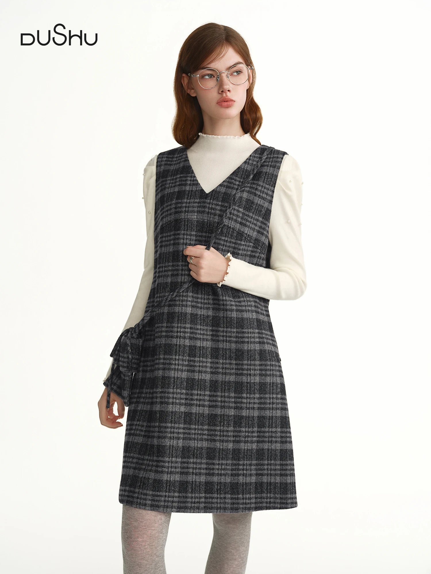 DUSHU Plus-Size Women Green Notes Crossbody Bag Embellished Plaid Vest Dress 2025 Winter New Arrival Only Vest Dresses With Bag