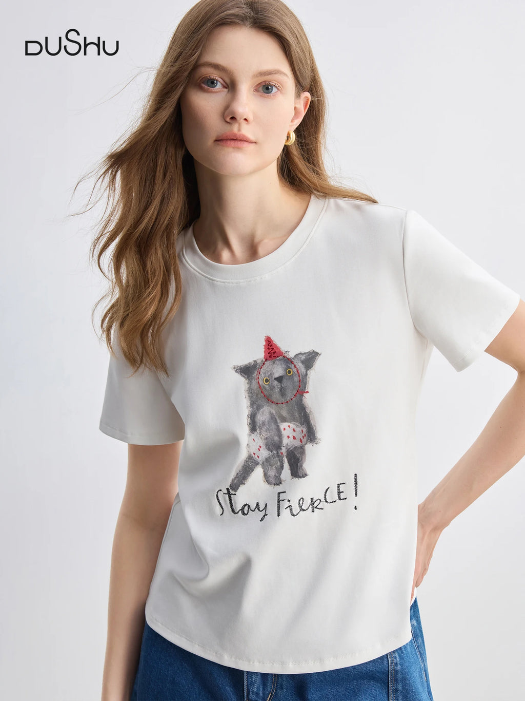 DUSHU Lovely Cat Print Round Neck Short Sleeve T-shirt 2025 Summer White Slim Top 25DS82714