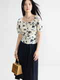 DUSHU Women Floral Chiffon Blouse Square Neck Short Sleeve Summer Thin Female Short Pullover Shirt Tops 24DS82748