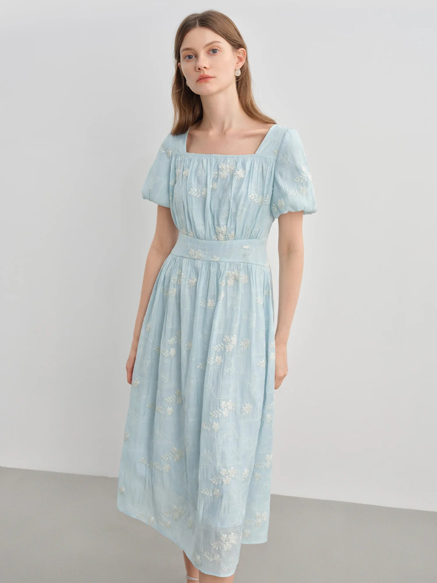 FSLE Summer 2025 Women's Square Neck Dress - Floral Embroidered Tea Length Relaxed Fit Maxi with Flutter Sleeves