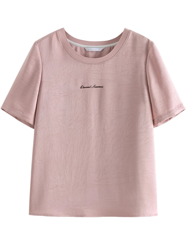 DUSHU Women T-Shirts Simple Printed T-shirt for Women Summer Short Sleeve Tees Round Neck Pink T-Shirt for Women
