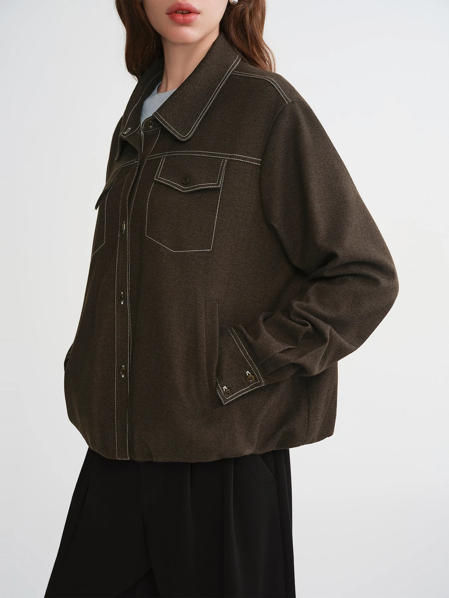 DUSHU Plus-Size Women's Fashion Urban Nomadic Style Bell-Flared Oversized Contrast Stitching Blouse Winter Tops 2025 New Arrival