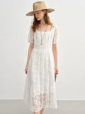 DUSHU Plus-Size Women's French Tie Square neckline Burnout Dress - 2025 Summer New Arrival Elegant Sweet White Dress 25DS82286