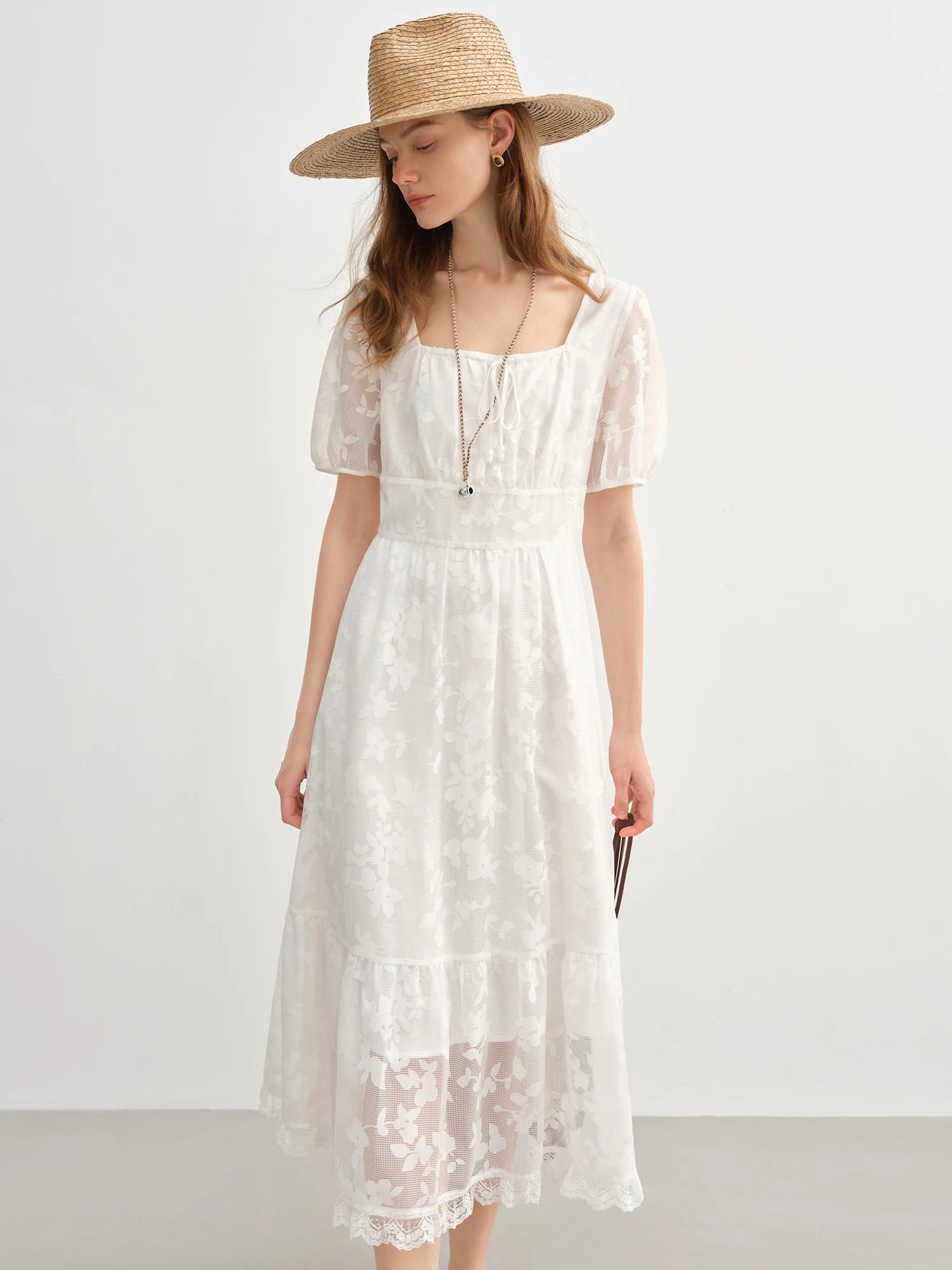 DUSHU Plus-Size Women's French Tie Square neckline Burnout Dress - 2025 Summer New Arrival Elegant Sweet White Dress 25DS82286