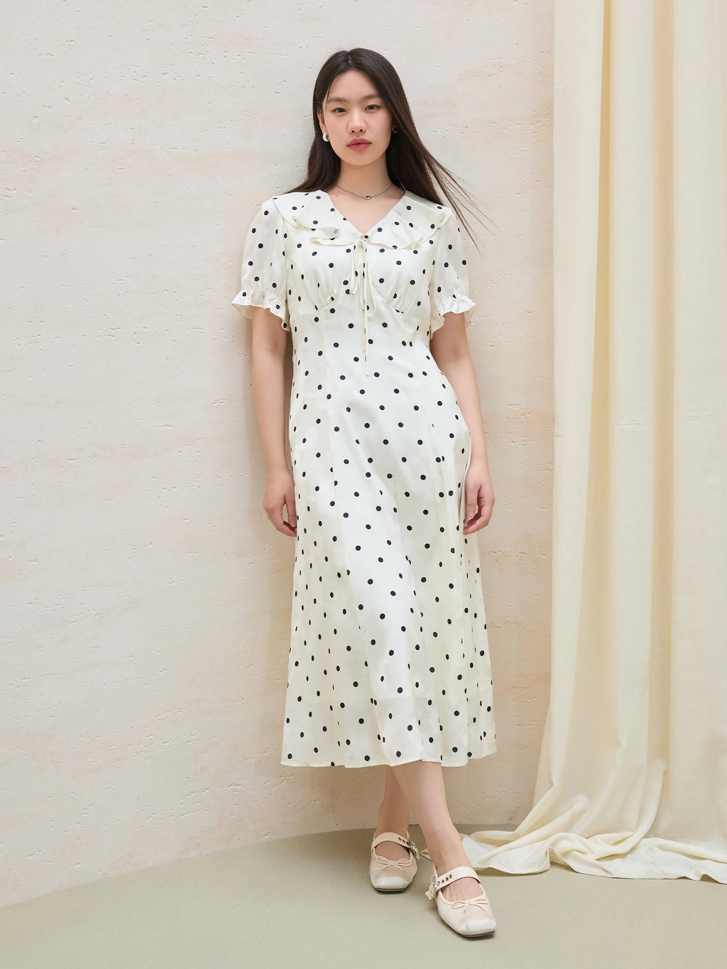 DUSHU 2025 Summer Women's Polka Dot Waist-Defining Dress - Romantic Flowy Skirt with Sweetheart Neckline for Feminine Elegance