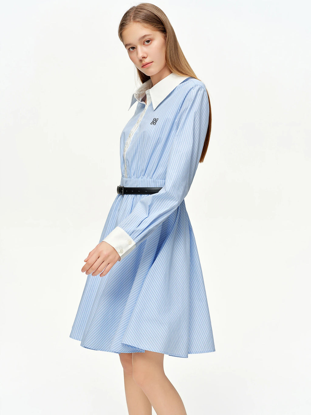 DUSHU 2026 Spring Women's Academic Style Blue White Striped Shirt Dress - Belted Waist A-Line Mid-Length Casual Dress for Campus