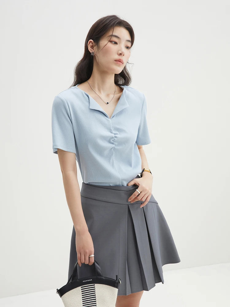DUSHU【2 Colors】Women Simple Pleated Lapel Short-sleeved T-shirts Summer Front Shoulder Thin Knitted Grey Tees 24DS82113
