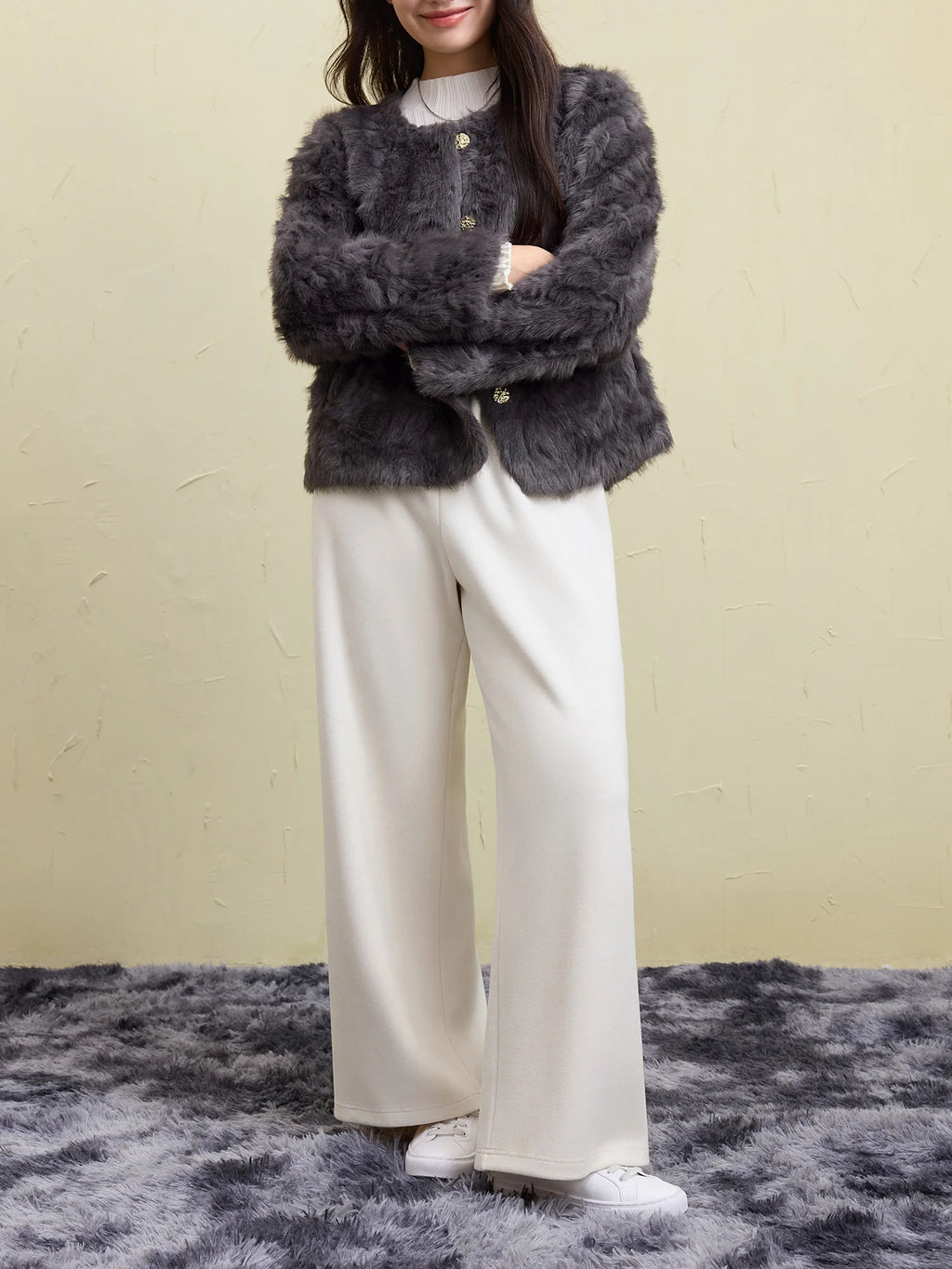 DUSHU Women Faux Fur Jacket Retro Brown Winter Thicken Round Neck Short Coats Office Lady Short Grey Temperament Coat 24DS84643
