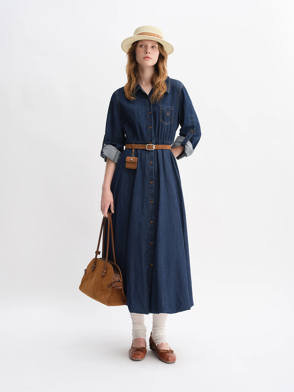 DUSHU Autumn 2025 Women's Denim Dress - Elegant Bouffant Hem Flowy Maxi Dress Casual Daily Wear Empire Waist Floral Print