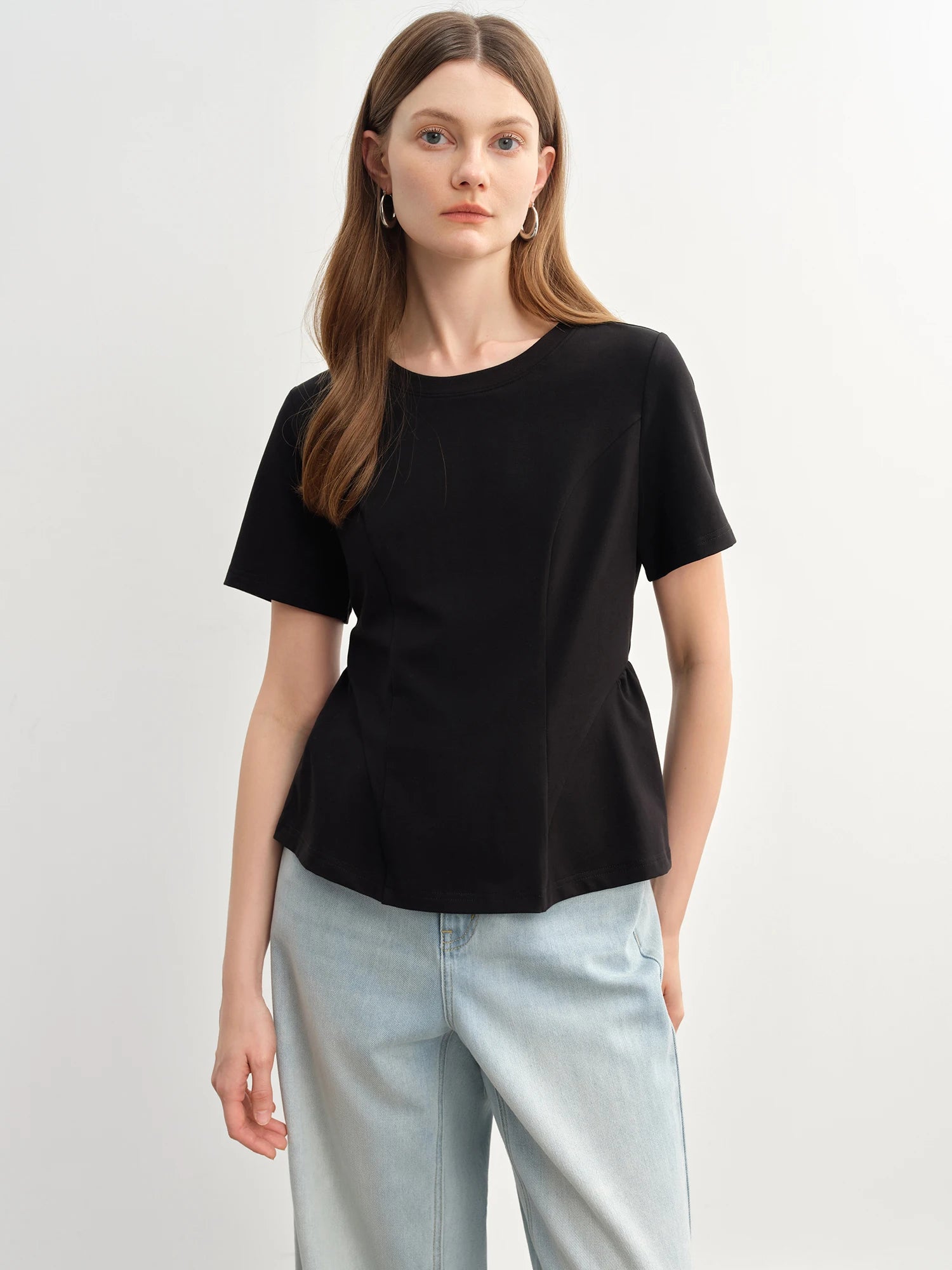 DUSHU Plus Size Women's  Princess Line Split Curved Hem Pleated Slimming T-Shirt New Arrival Tees Tops 25DS82926