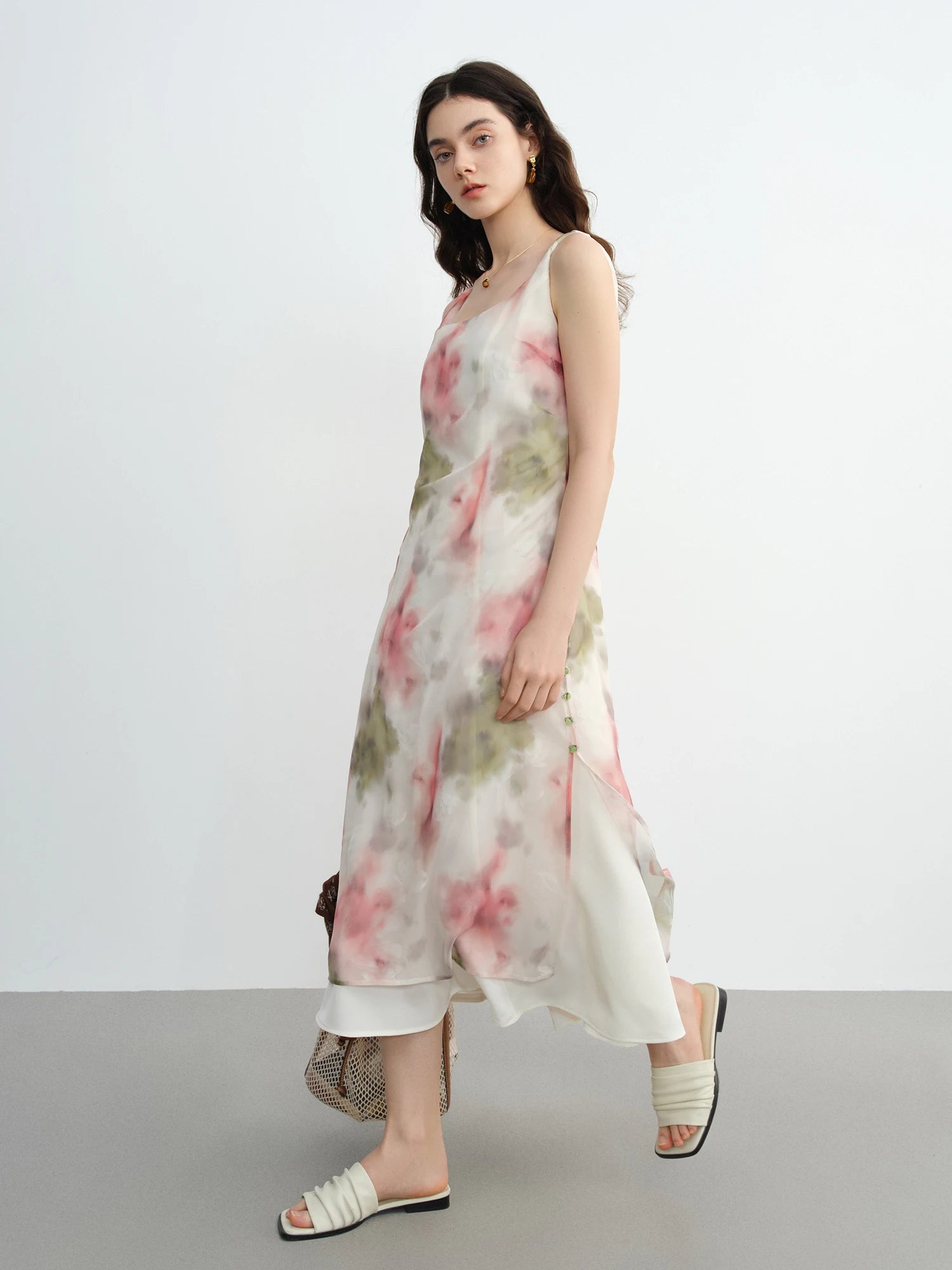 DUSHU Plus Size Flocked Print Strap Dress with Blush Effect Elegant Slimming and Romantic for Summer Dates 25DS82581