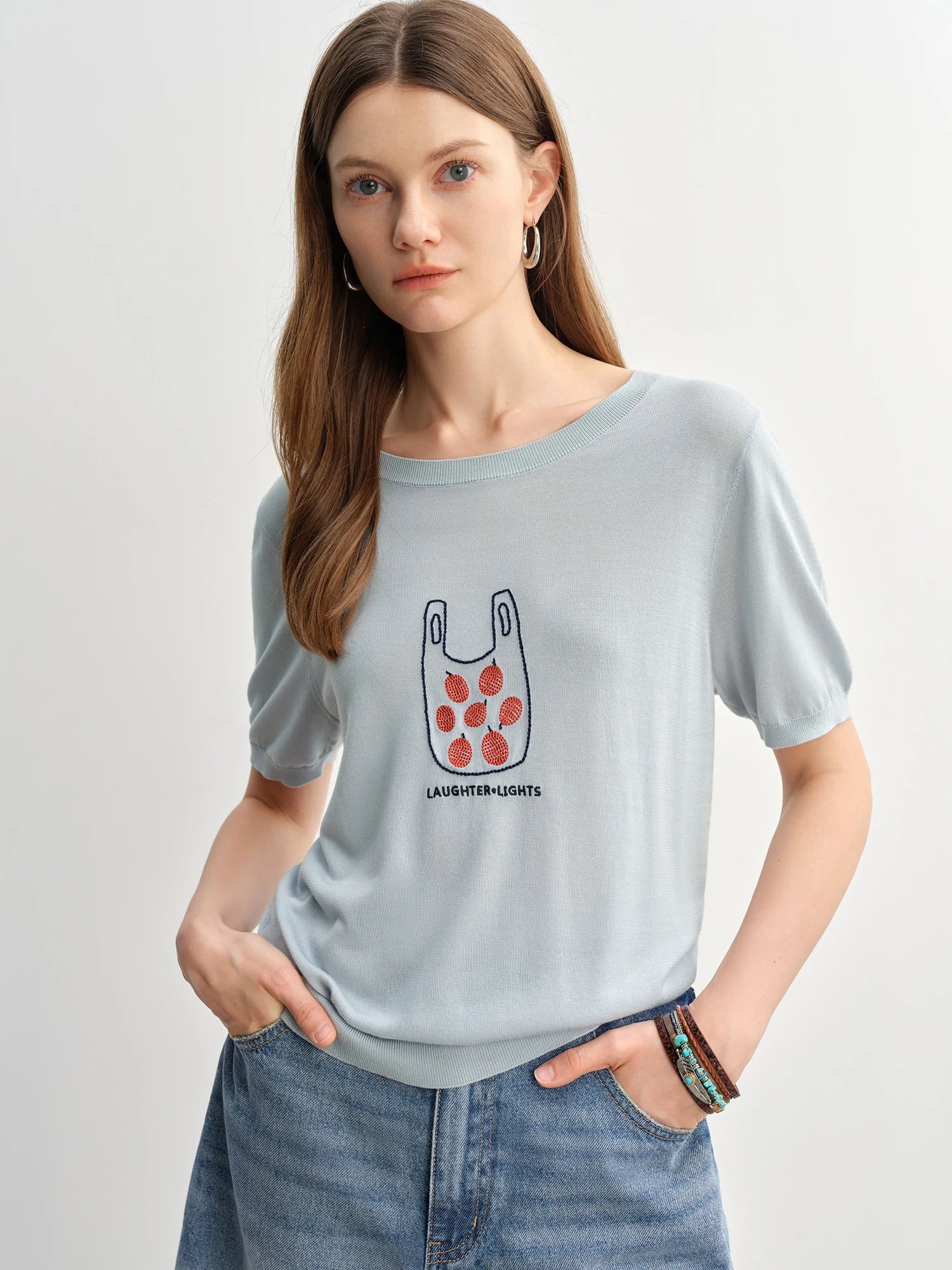DUSHU Plus Size Women Top Lyocell T-shirt Summer 2025 New Arrival Fruit Embroidery Short-sleeved Knitted Sweater Top 25DS82856
