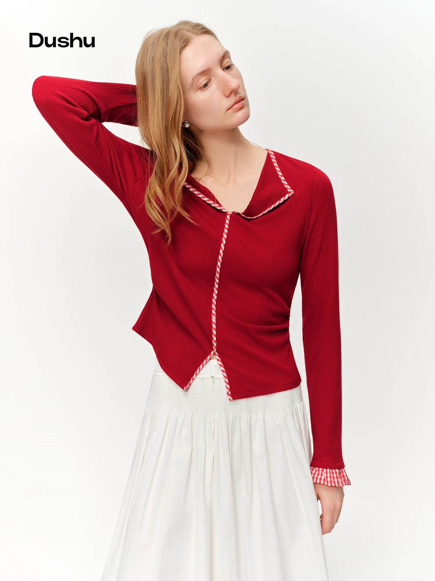 DUSHU 2026 Plus Size Spring New Women's Knit Top, Minimalist Plaid Color Block Long Sleeve Shirt, Y2K Retro Basic Layering Tee