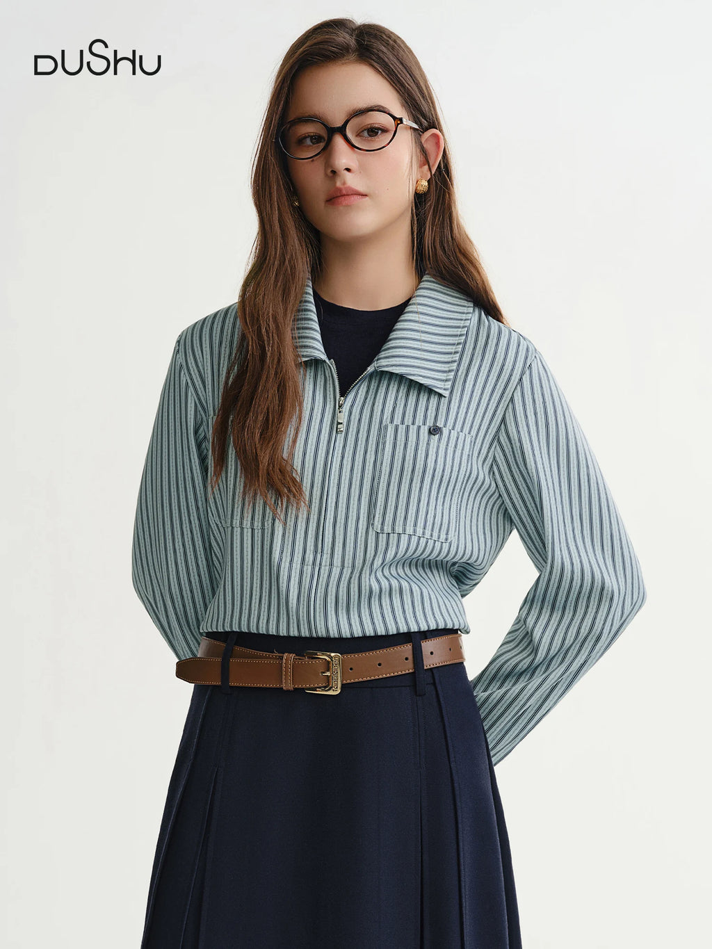 DUSHU Fake Two-piece T-shirt Striped Shirt 2025 Winter New Products Classic Leisure Simple Chic Streetwear Office Ladies BF