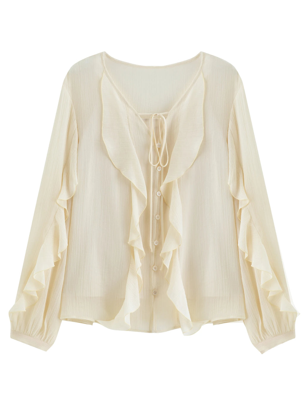 DUSHU 2026 Spring Women's Flounce Trim Blouse V-Neck Design - Elegant Flowy Chiffon Top for Office Commute and Casual Wear