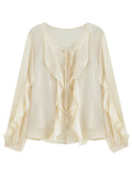 DUSHU 2026 Spring Women's Flounce Trim Blouse V-Neck Design - Elegant Flowy Chiffon Top for Office Commute and Casual Wear