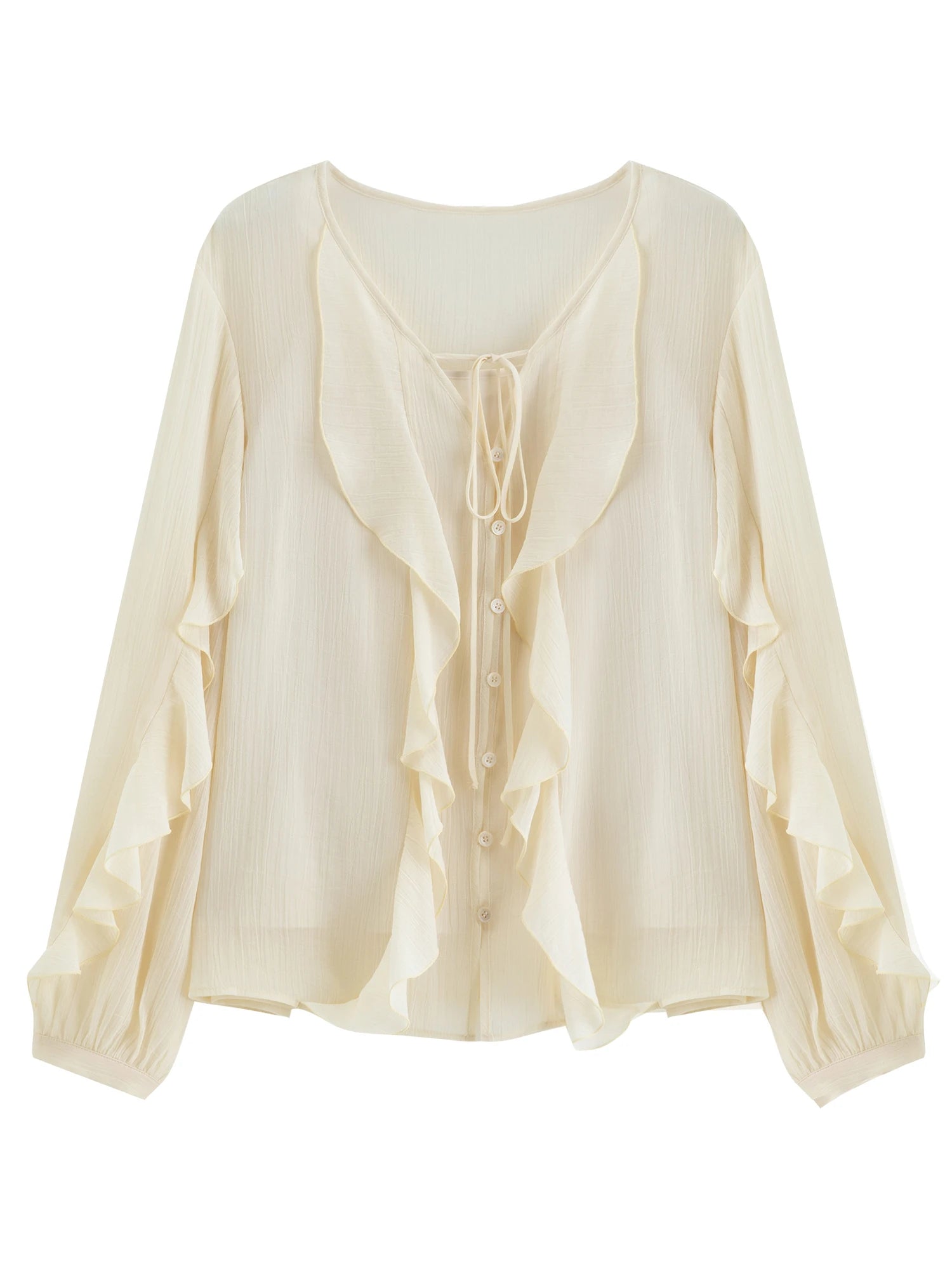 DUSHU 2026 Spring Women's Flounce Trim Blouse V-Neck Design - Elegant Flowy Chiffon Top for Office Commute and Casual Wear