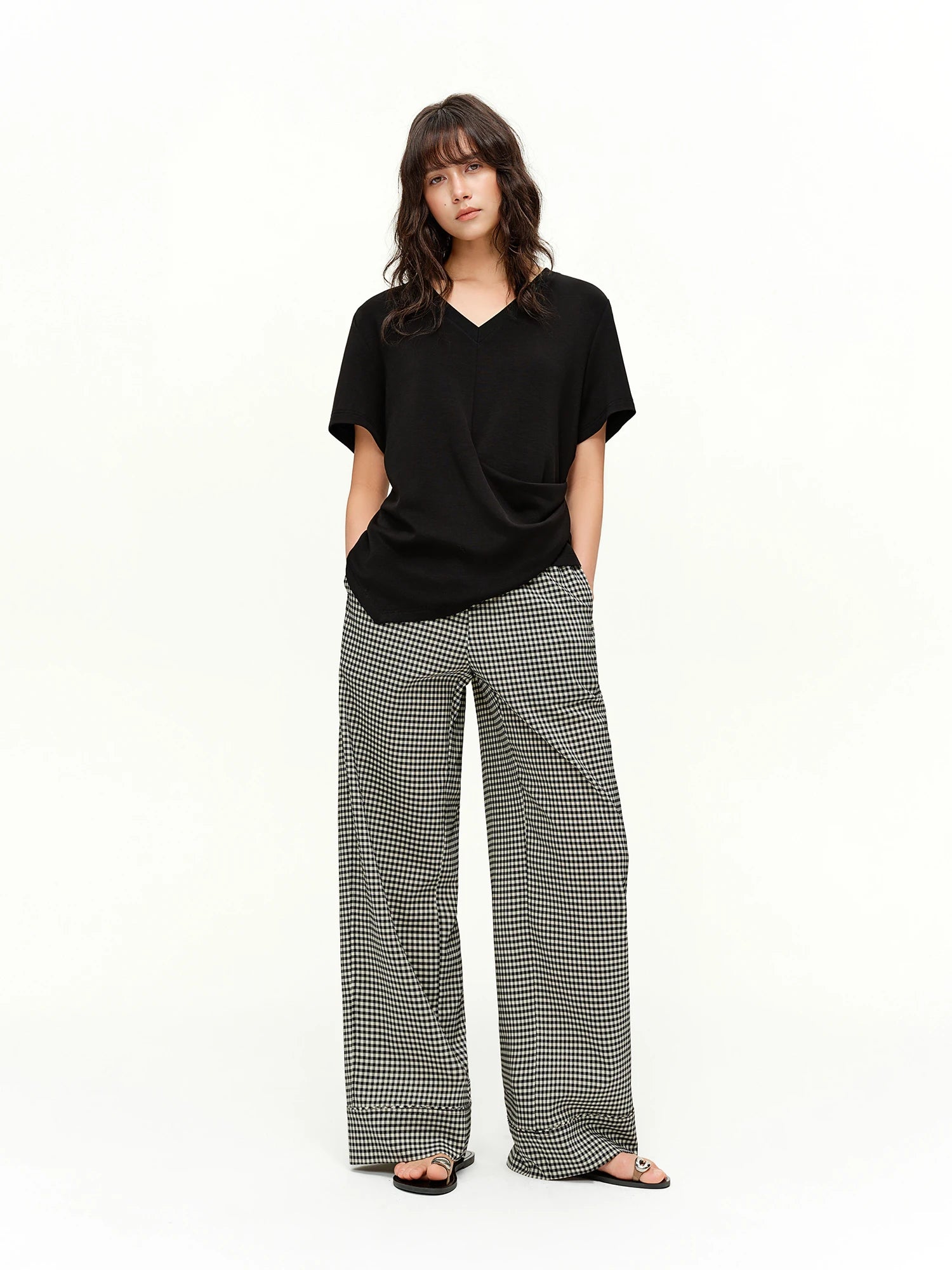 DUSHU 2026 Spring Women's Plaid Pattern Blend Straight Leg Pants - Acetate Commuter Style Trousers Elastic Waist for Office