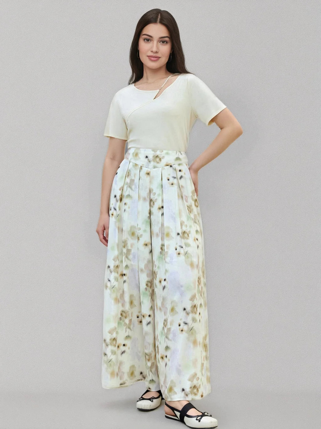 DUSHU Drapey Elegant Design Wide-leg Skirt Pants Summer Commuting High Waist Slimming Cover Shoulder Casual Pants 25DS82140